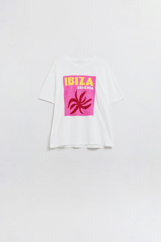 T-shirt décontracté blanc Ibiza Bohème avec imprimé rose