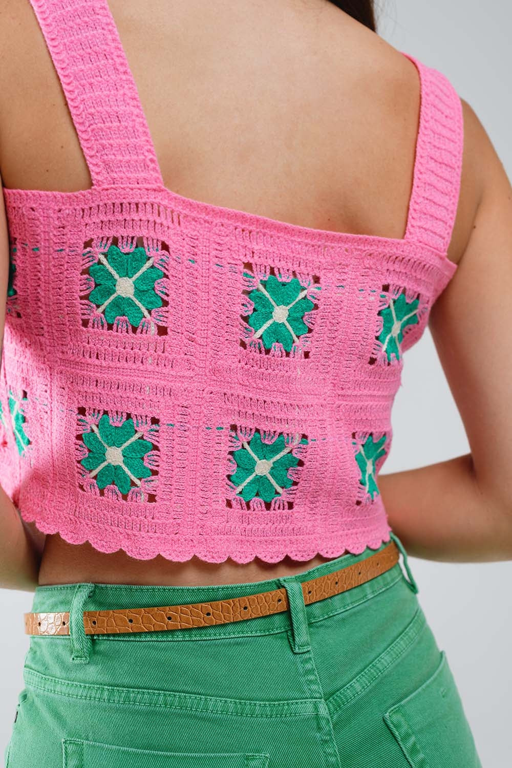 Débardeur Court en Crochet avec Motif Fleur