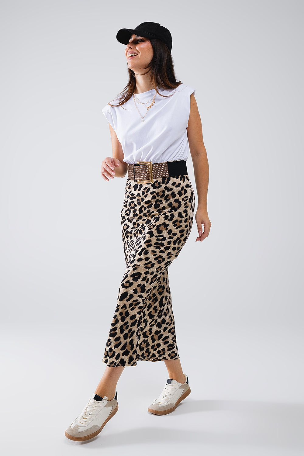 Robe midi contrastée en satin imprimé léopard