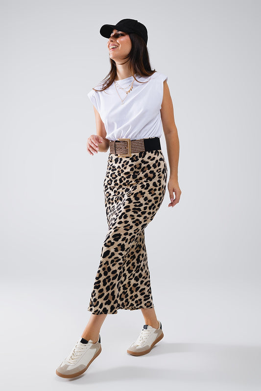 Robe midi contrastée en satin imprimé léopard