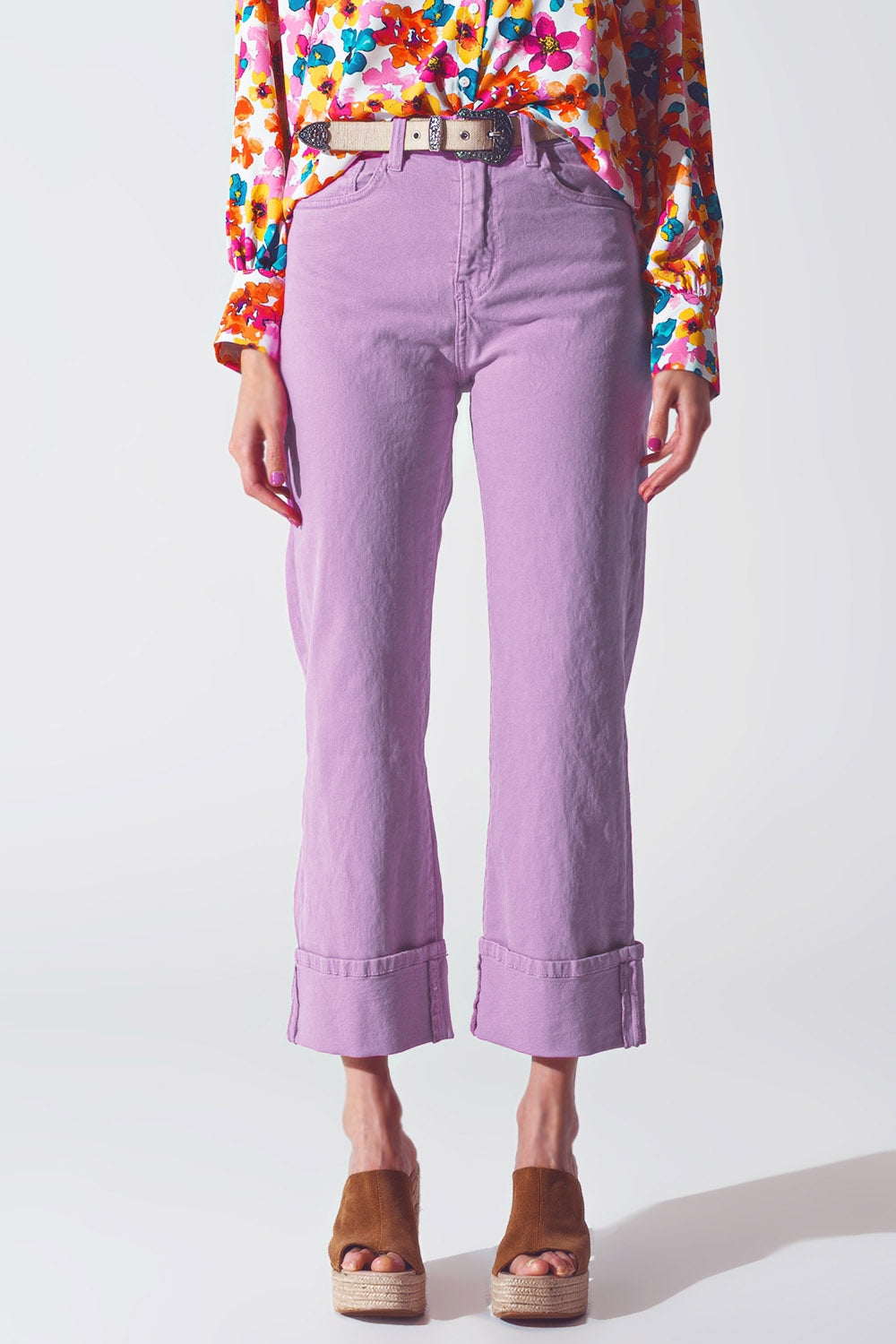 Jeans à jambe droite et ourlet court en violet