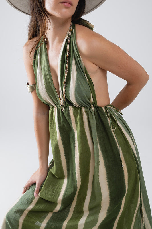 Robe longue dos nu à col en V et fentes latérales en tissu rayé vert