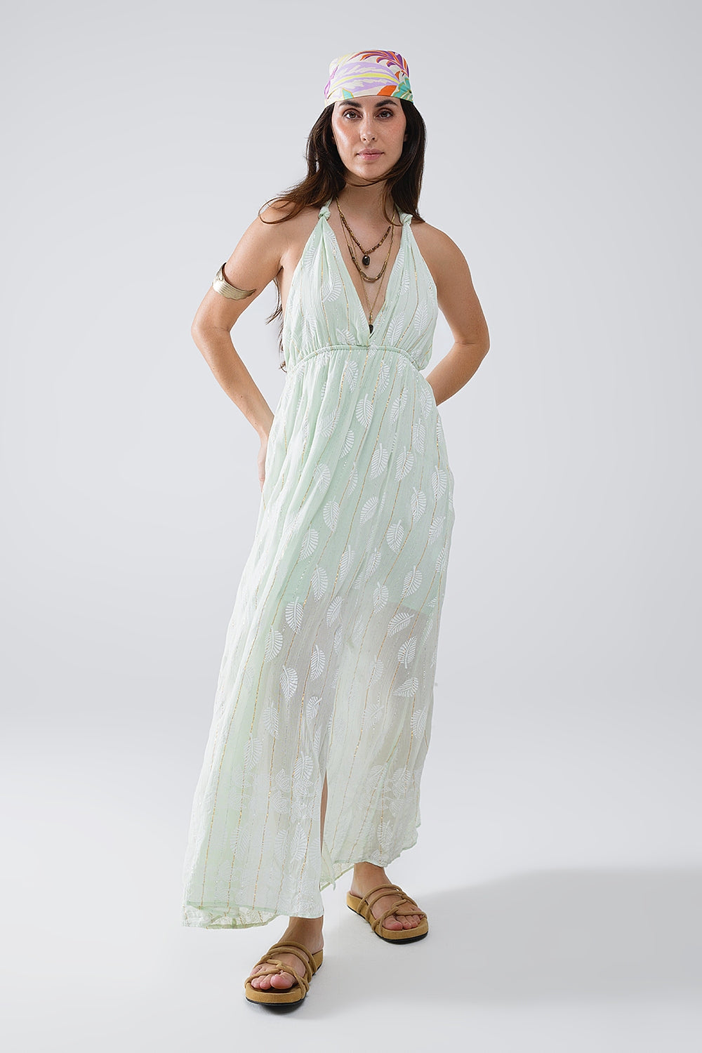 Robe midi dos nu en imprimé feuilles de menthe avec détails en Lurex