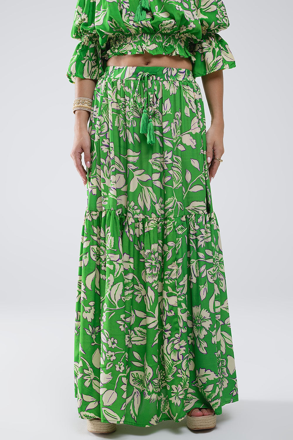 Jupe longue à pinces imprimé floral vert