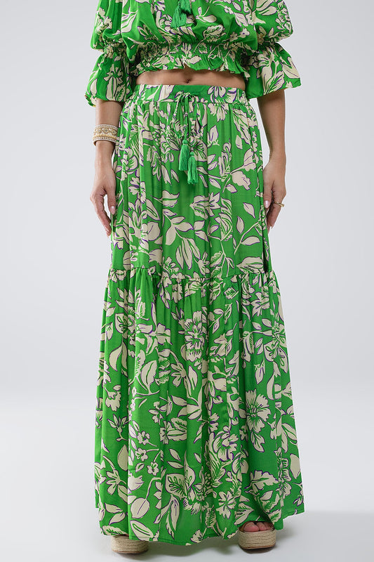 Jupe longue à pinces imprimé floral vert