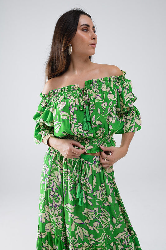 Top vert à taille élastiquée avec imprimé floral