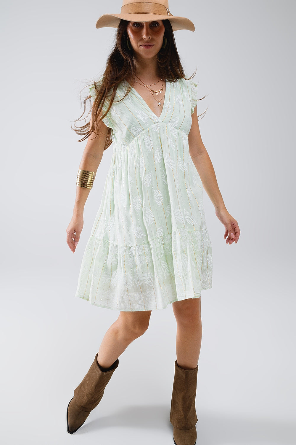 Robe babydoll courte à imprimé feuilles et fil de Lurex en menthe