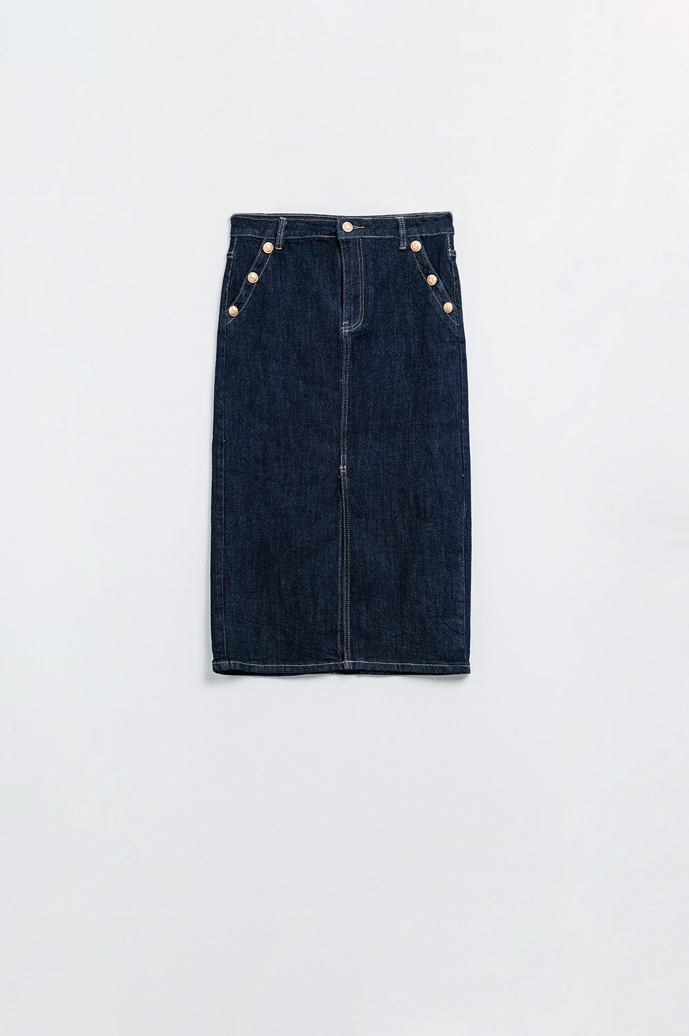 Jupe en denim avec fente sur le devant et boutons dorés sur les côtés