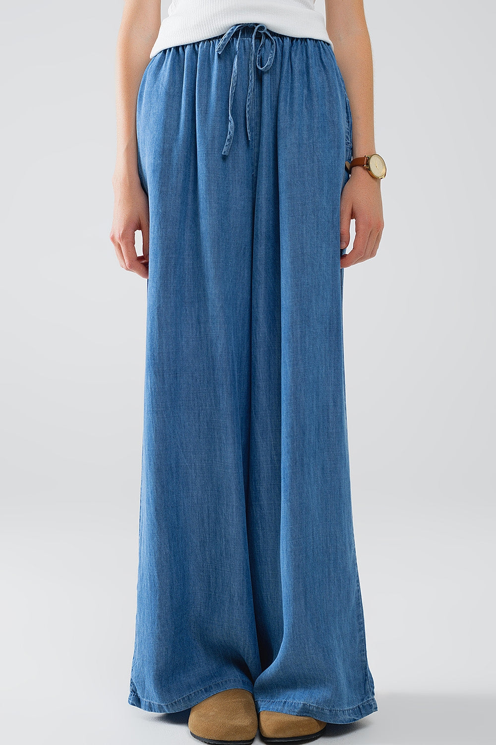 Pantalon tencel fluide à jambes larges en denim bleu