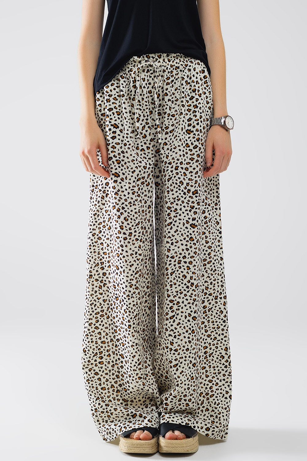 Pantalon droit à taille élastiquée imprimé léopard