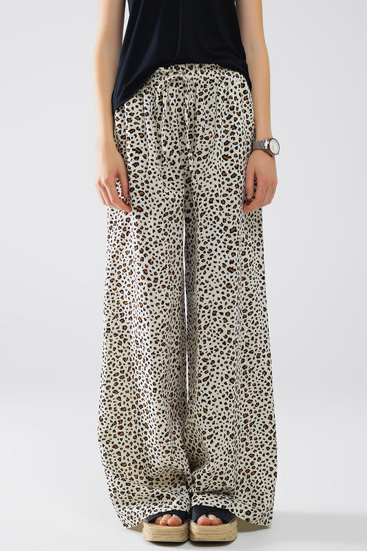 Pantalon droit à taille élastiquée imprimé léopard