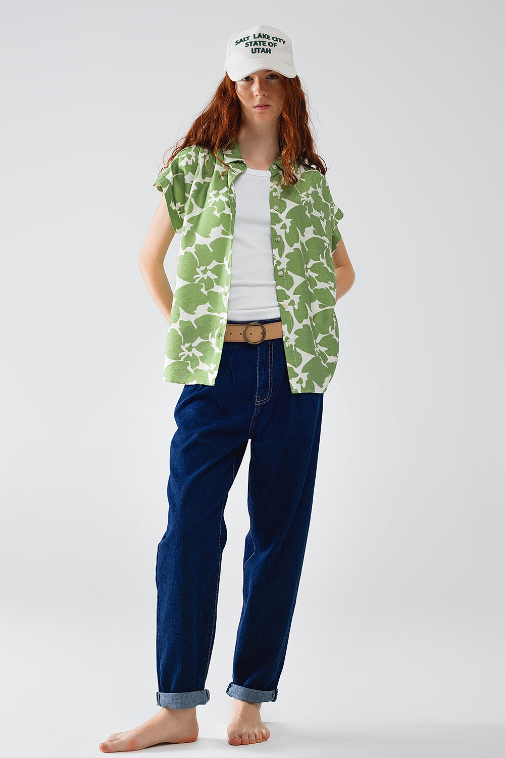 Chemise décontractée à imprimé floral vert