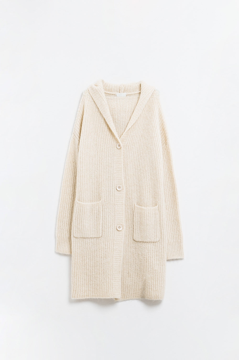 Cardigan long côtelé avec poches et capuche en crème