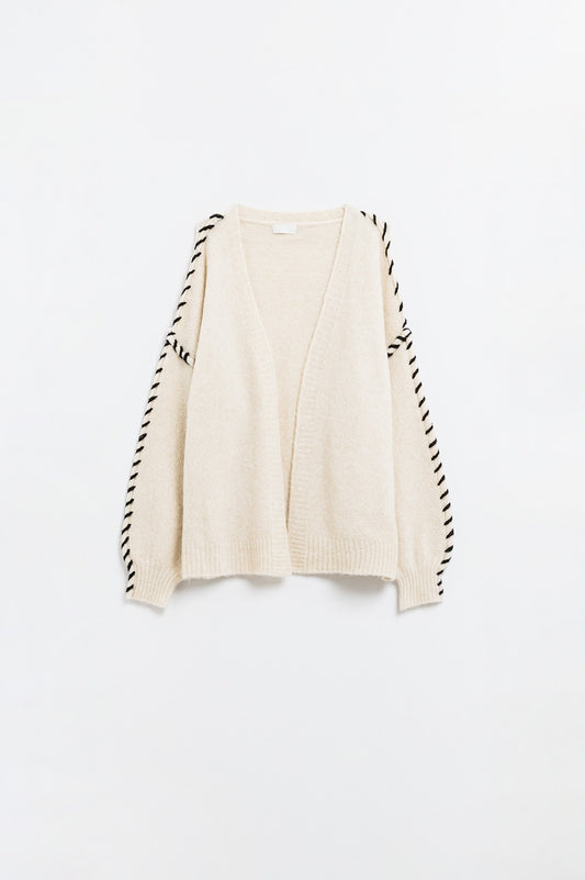 Cardigan ouvert crème avec bordure noire en maille épaisse