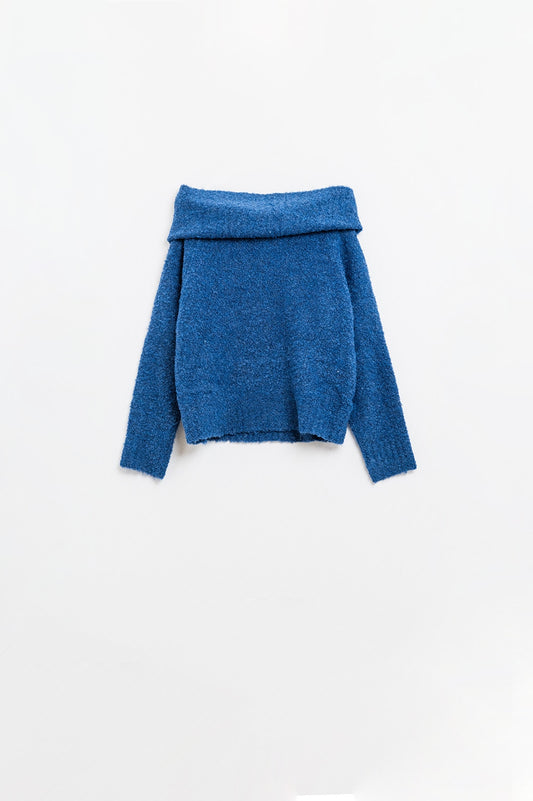 Pull à col bateau en maille duveteuse en bleu