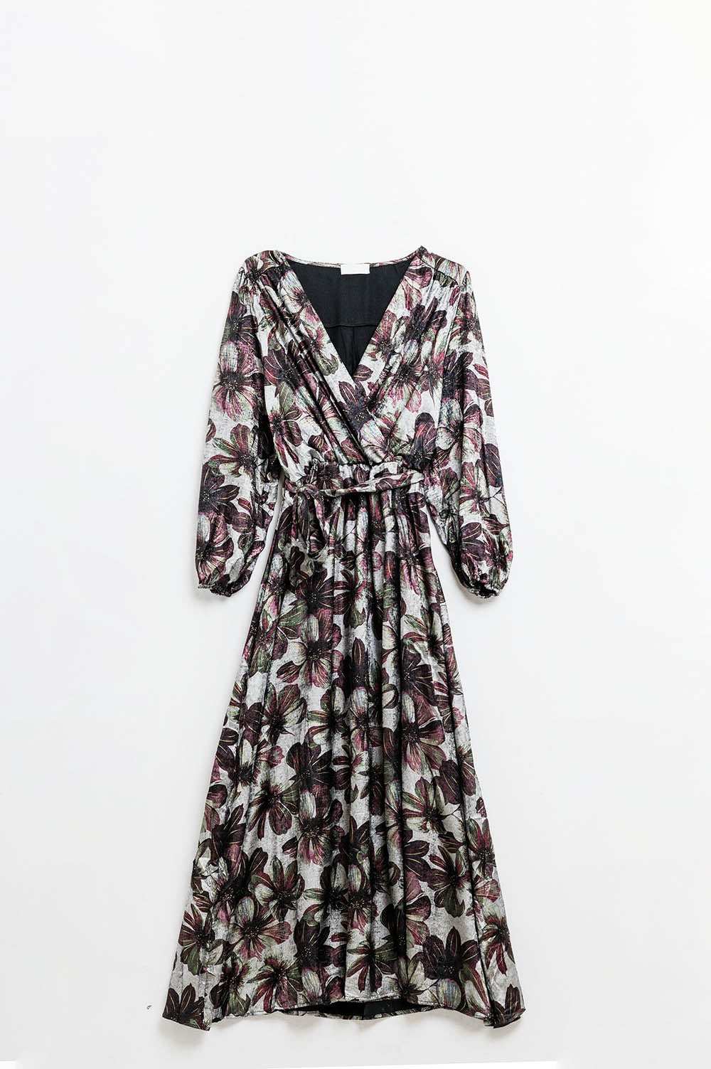 robe longue avec imprimé floral à effet métallique