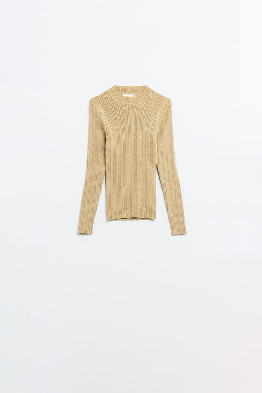 Pull côtelé ajusté en beige avec détails en fil d'argent