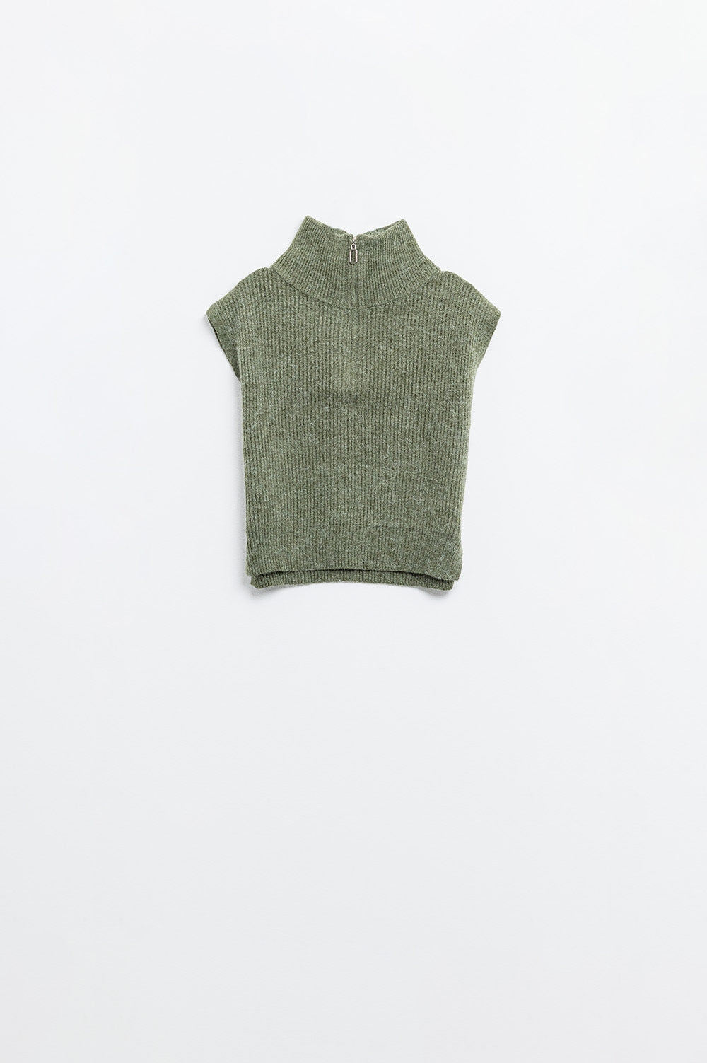 Pull vert sans manches à col roulé avec fermeture à glissière