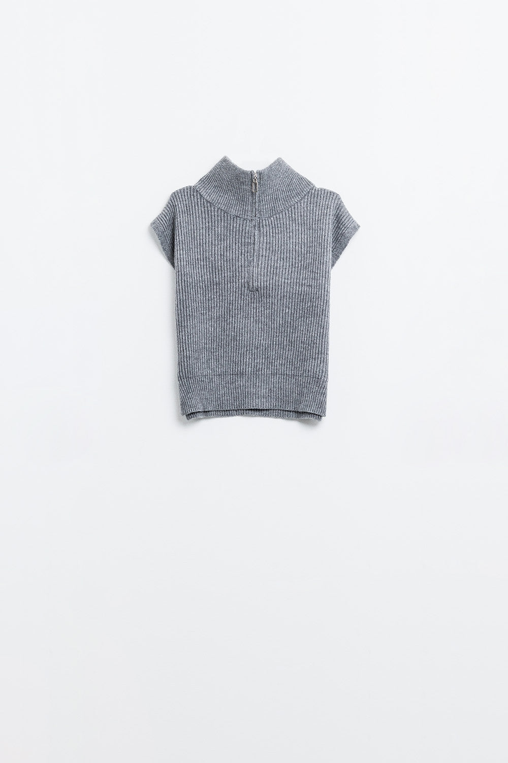 Pull gris sans manches à col roulé avec fermeture à glissière
