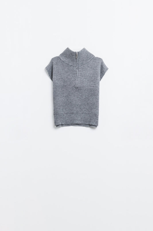 Pull gris sans manches à col roulé avec fermeture à glissière