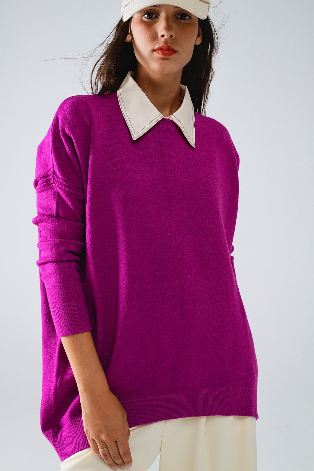 Pull oversize à col ras du cou et à manches longues en fuchsia