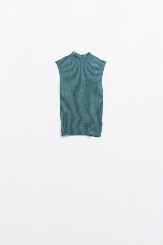 Pull sans manches en laine finement tricotée vert