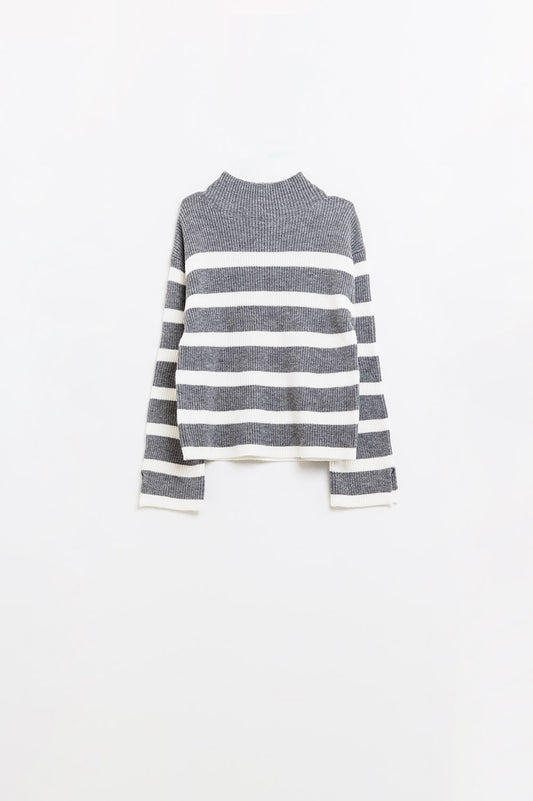 Tricot côtelé en jersey gris avec rayures crème