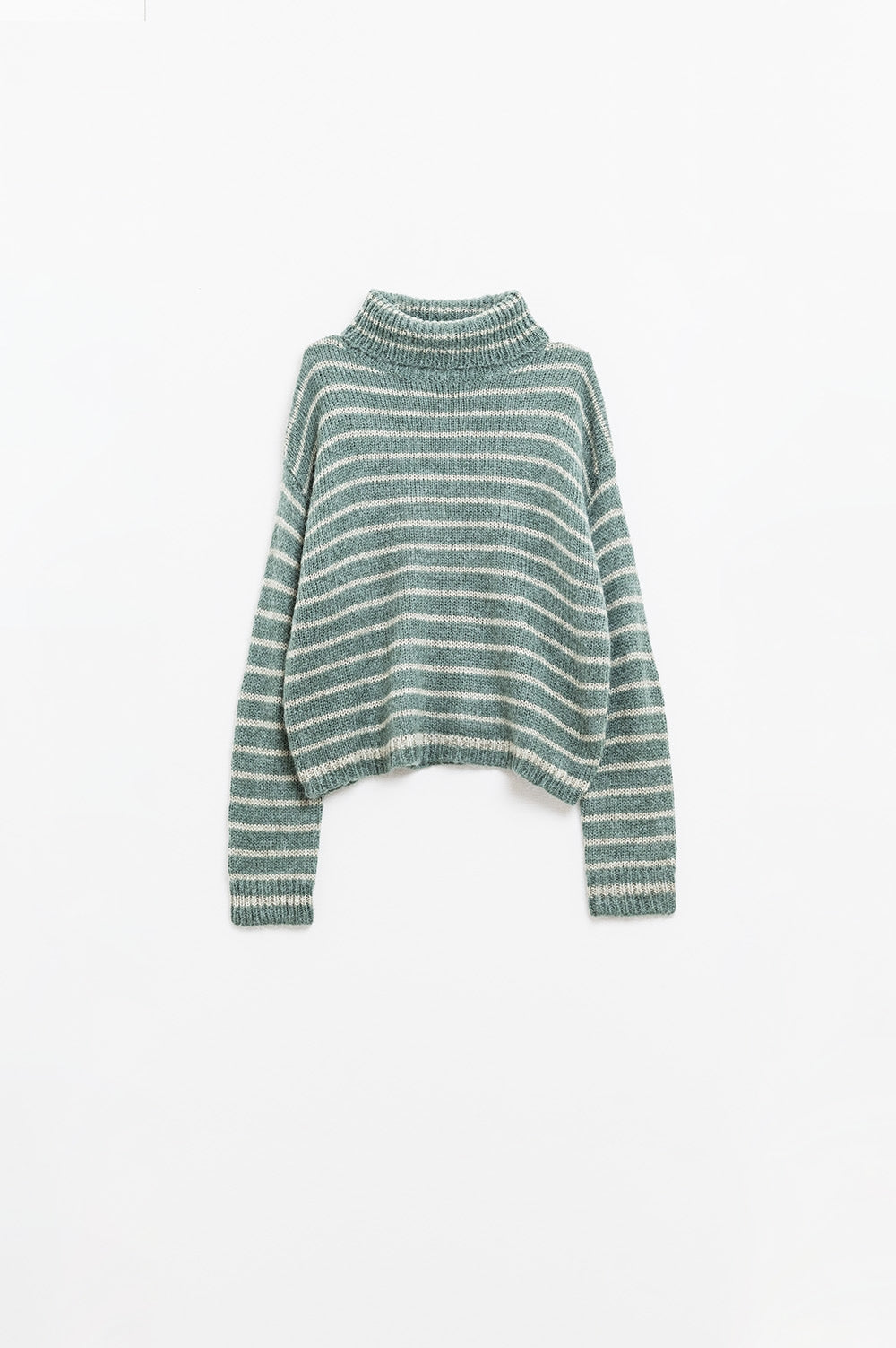 pull à col roulé rayé en maille douce vert