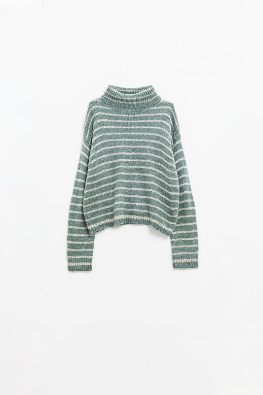 pull à col roulé rayé en maille douce vert