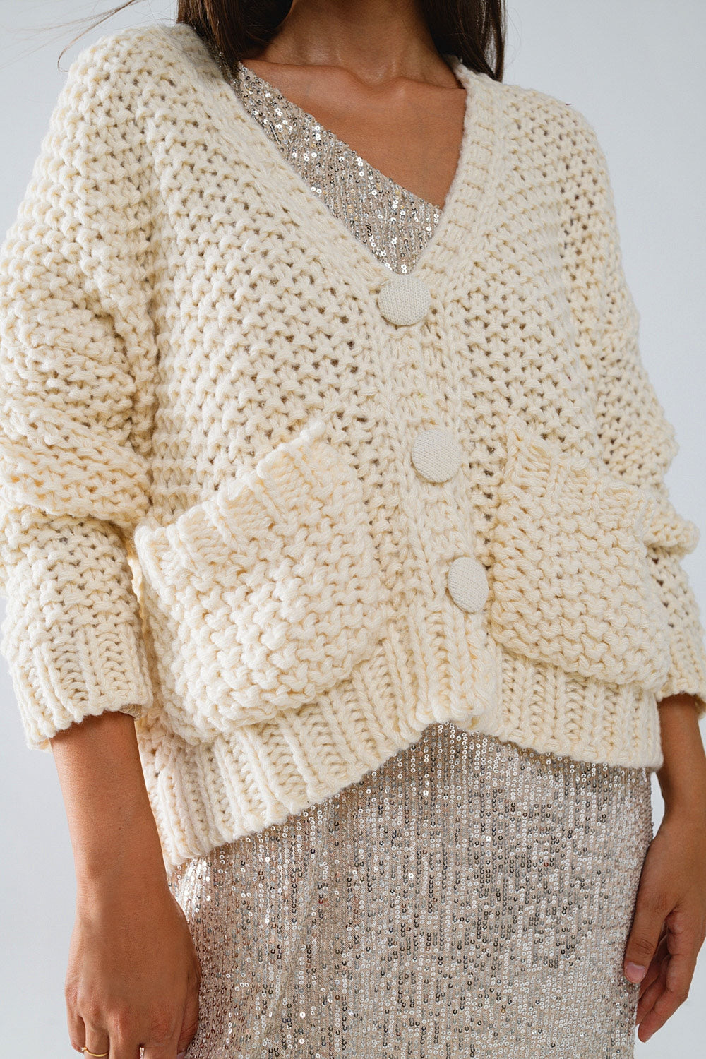 Veste oversize en maille chunky beige avec poches