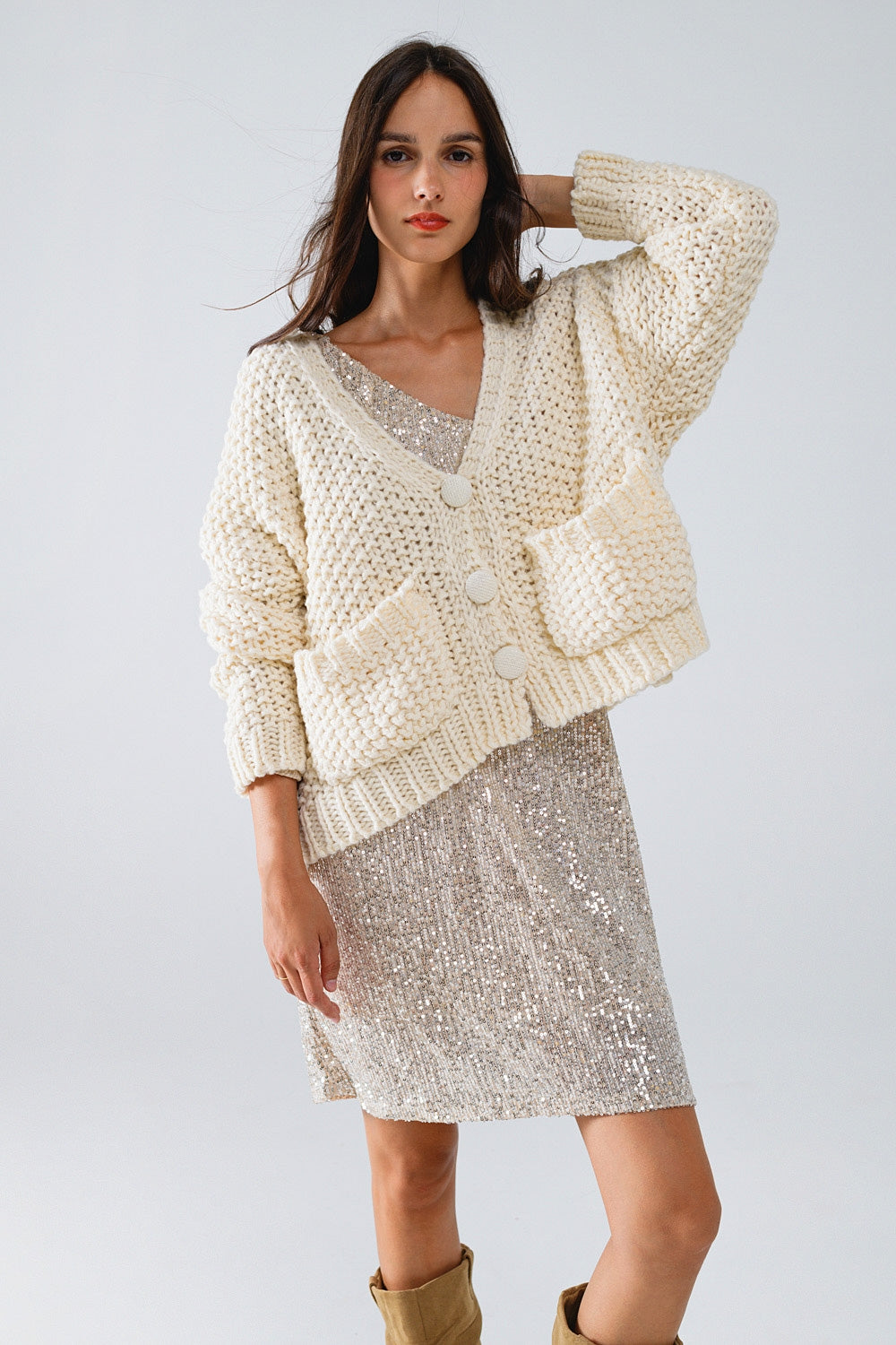 Veste oversize en maille chunky beige avec poches