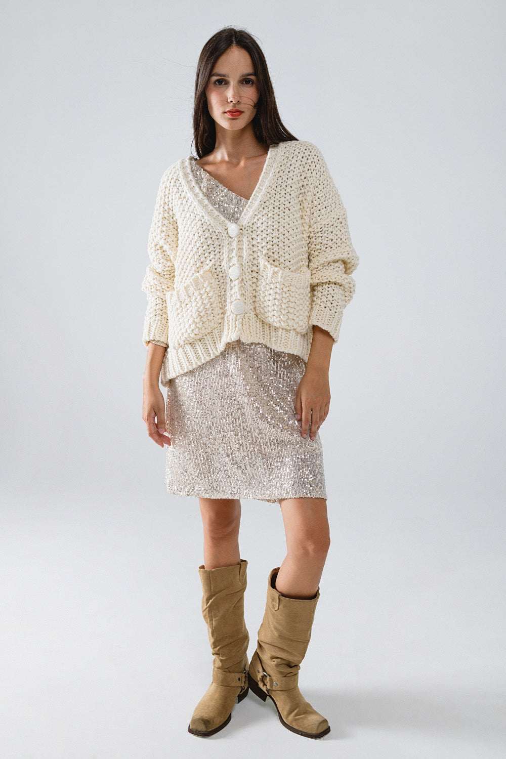Veste oversize en maille chunky beige avec poches