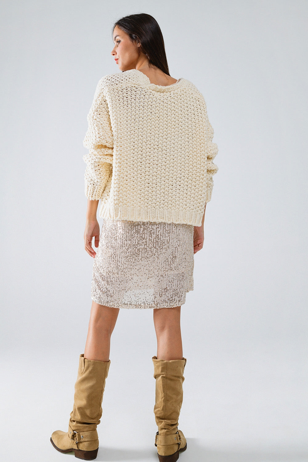 Veste oversize en maille chunky beige avec poches