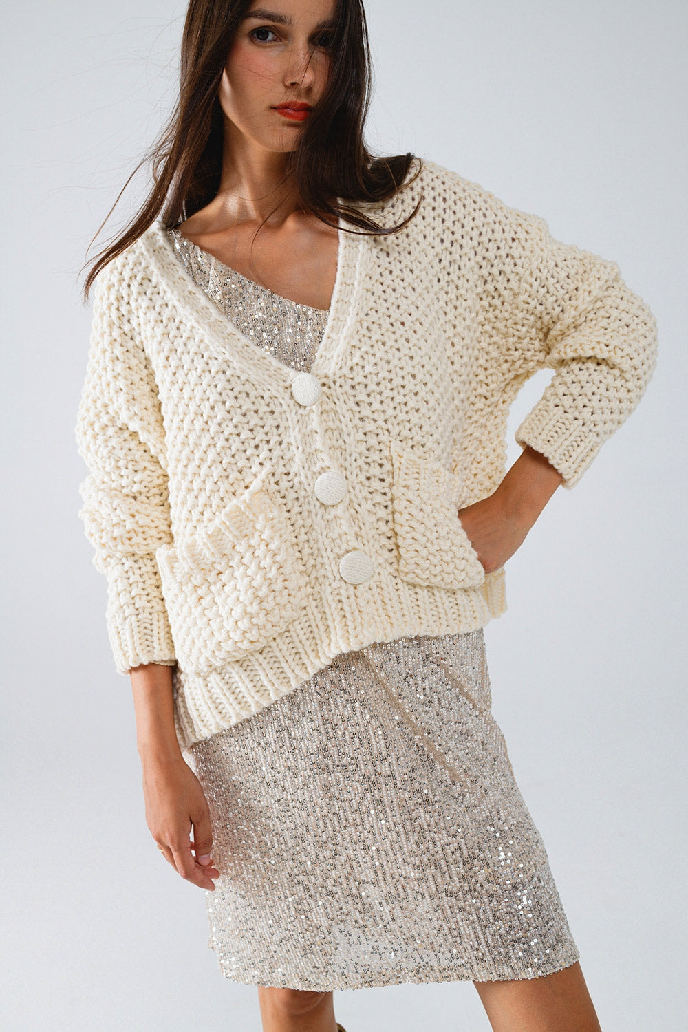 Veste oversize en maille chunky beige avec poches