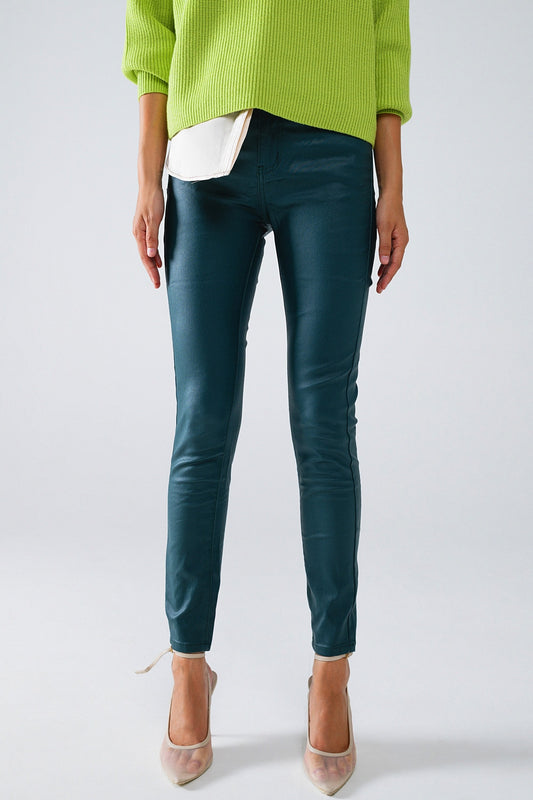 Pantalon skinny en faux cuir vert foncé