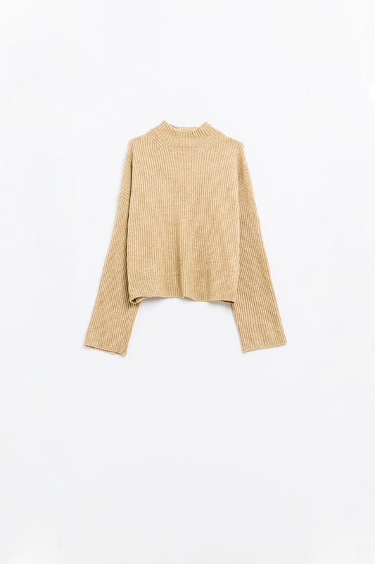 pull-over beige décontracté à col montant côtelé