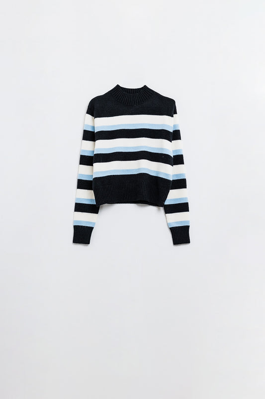 Pull noir à rayures bleues et blanches et col montant