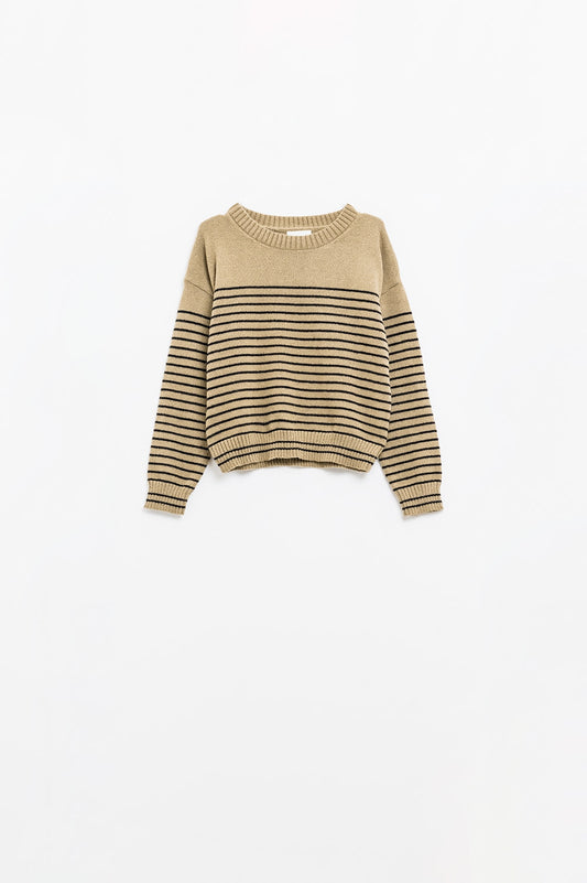 Pull beige à rayures noires et col bateau