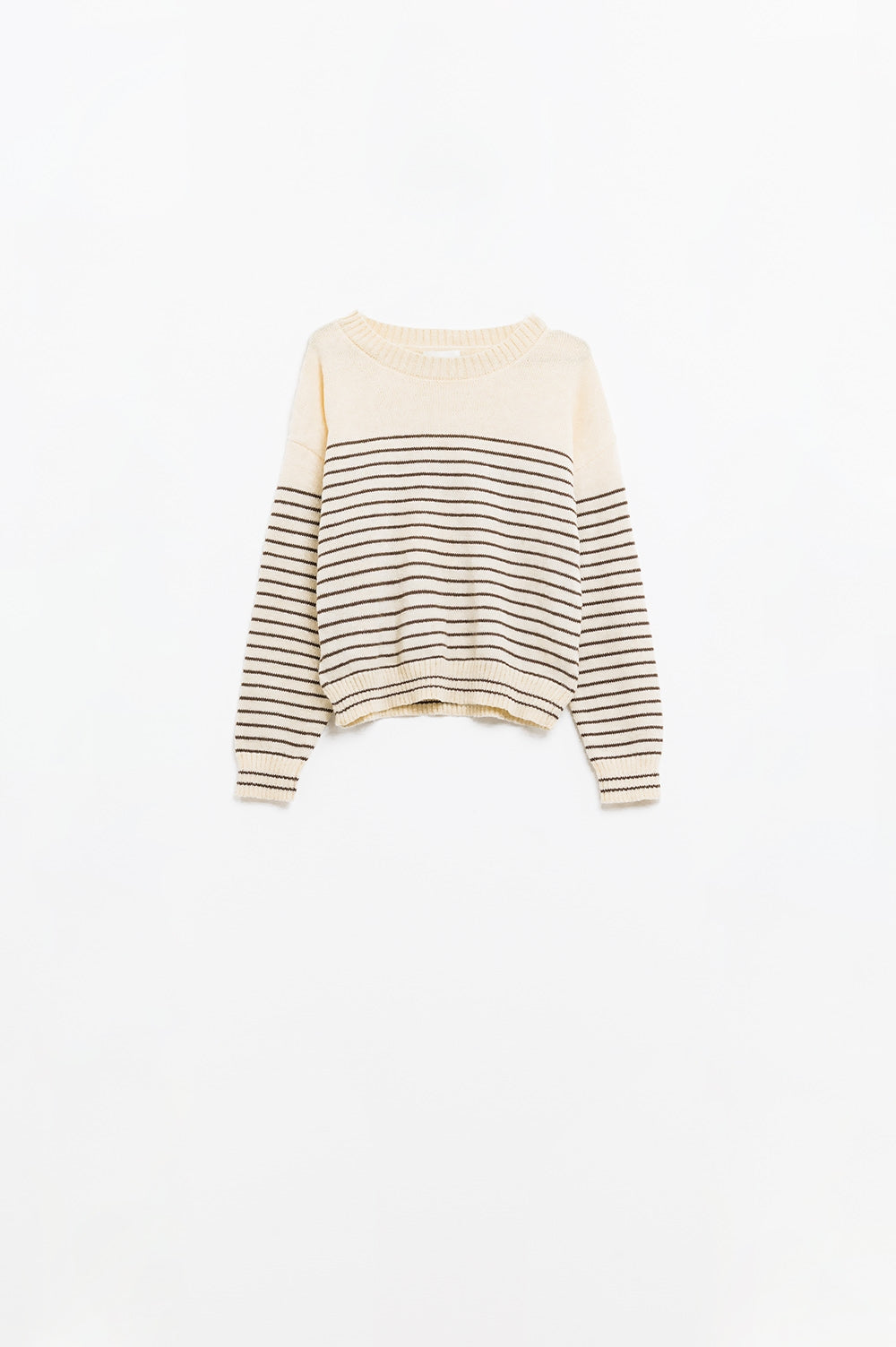 Pull crème à rayures marron et col bateau