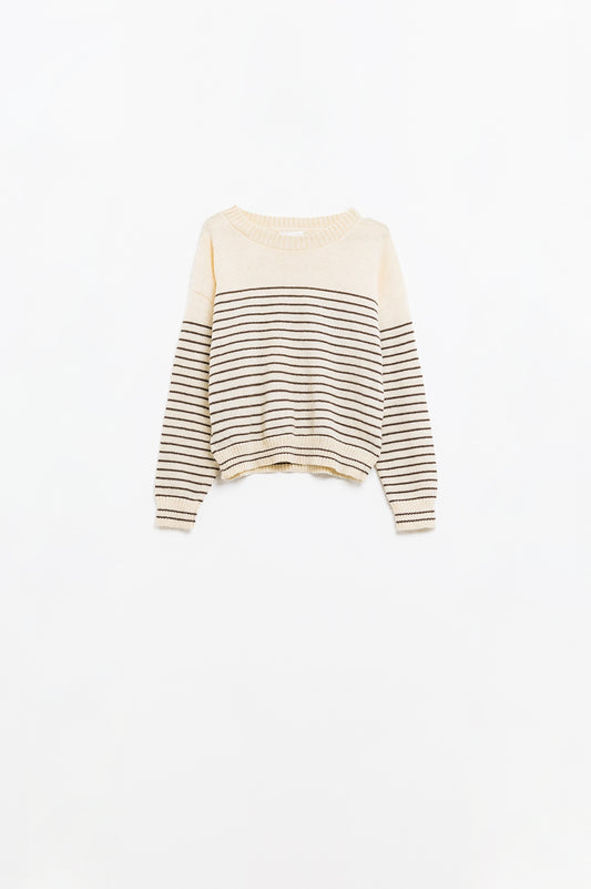 Pull crème à rayures marron et col bateau