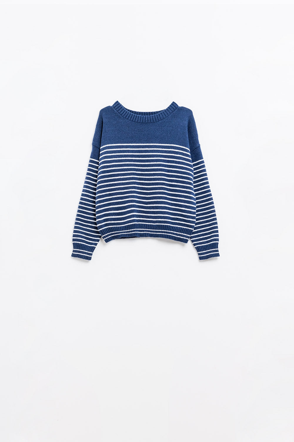 pull-over marine à rayures blanches et col bateau