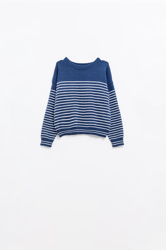 pull-over marine à rayures blanches et col bateau