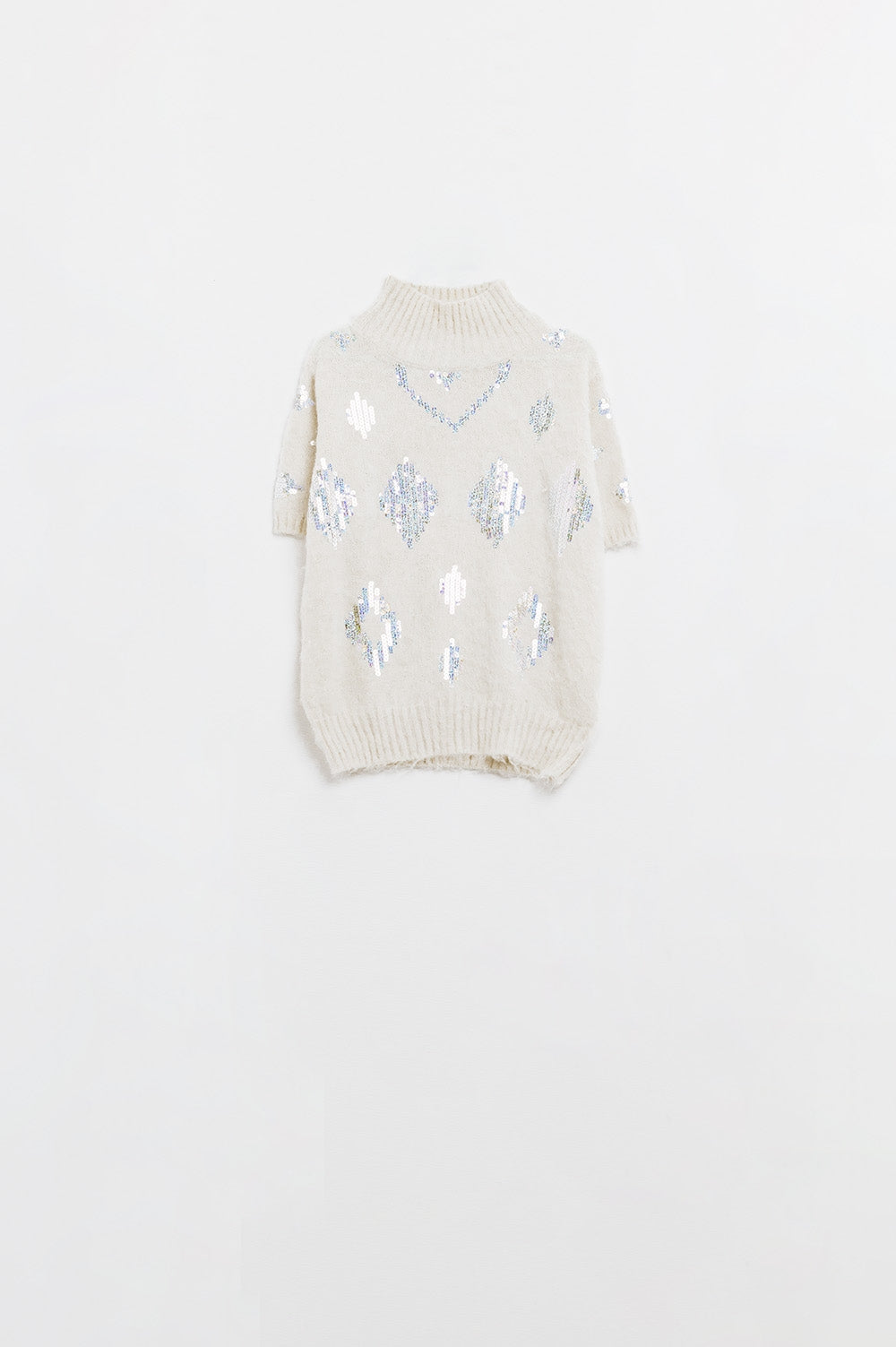 Pull à manches courtes crème avec ornements en paillettes