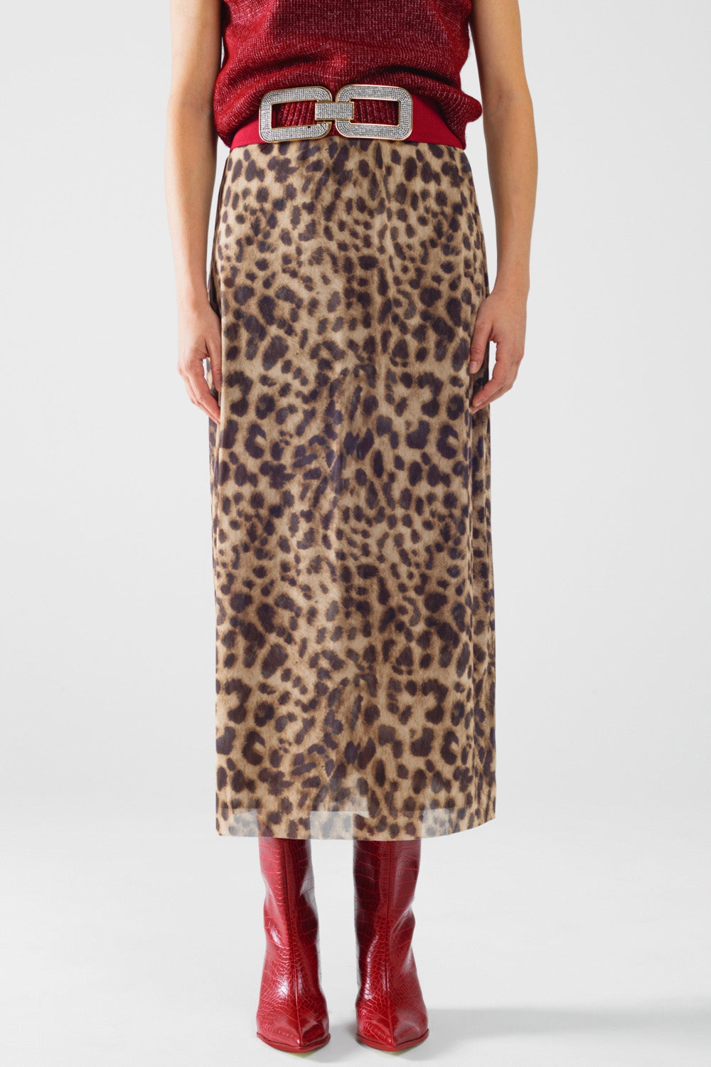 jupe midi bodycon à imprimé léopard longue et transparente