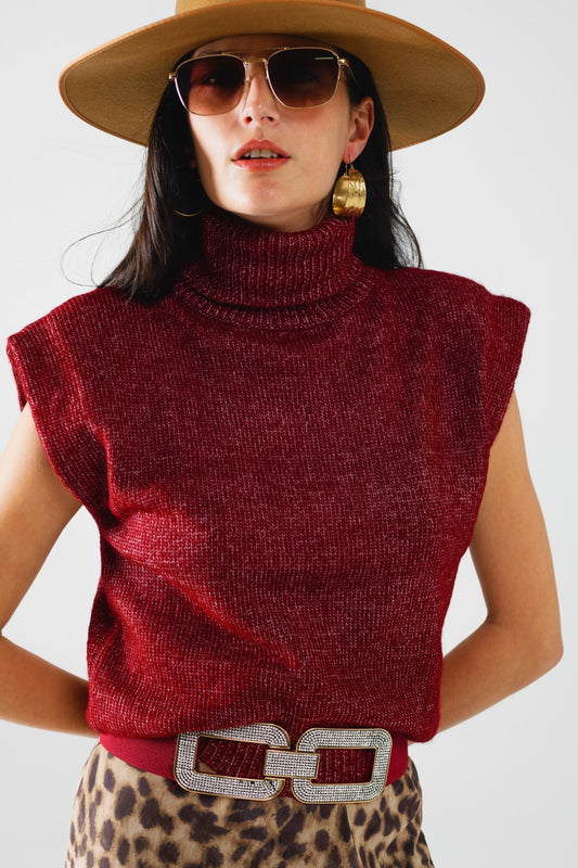 Pull douillet sans manches à col roulé en bordeaux