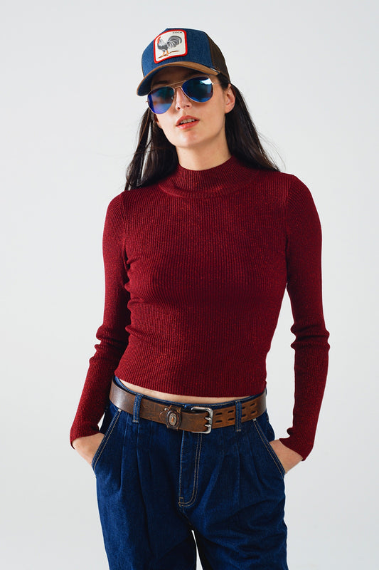 Pull à manches longues à col roulé et paillettes rouges étincelantes