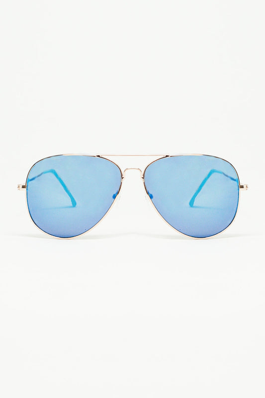 Lunettes de soleil aviateur rétro avec verre fumé bleu et monture dorée