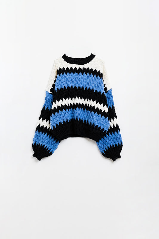 Pull confortable bleu blanc et noir