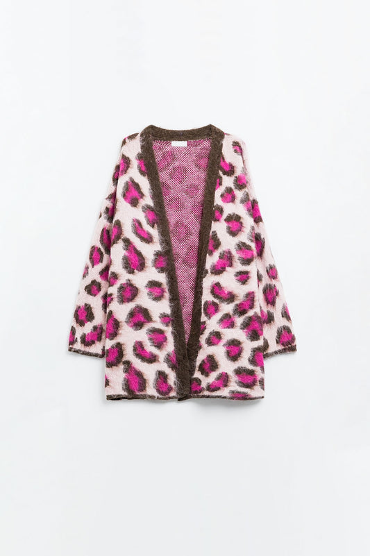 Cardigan en laine imprimé léopard rose