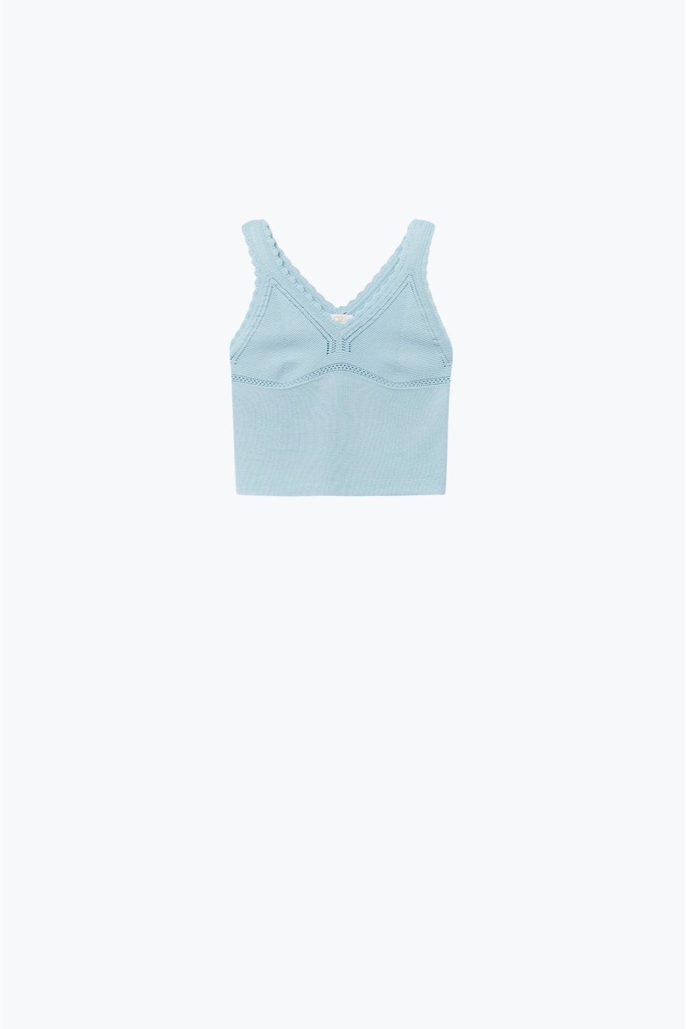 Q2 Baby Blue - Top en tricot côtelé avec col en V festonné